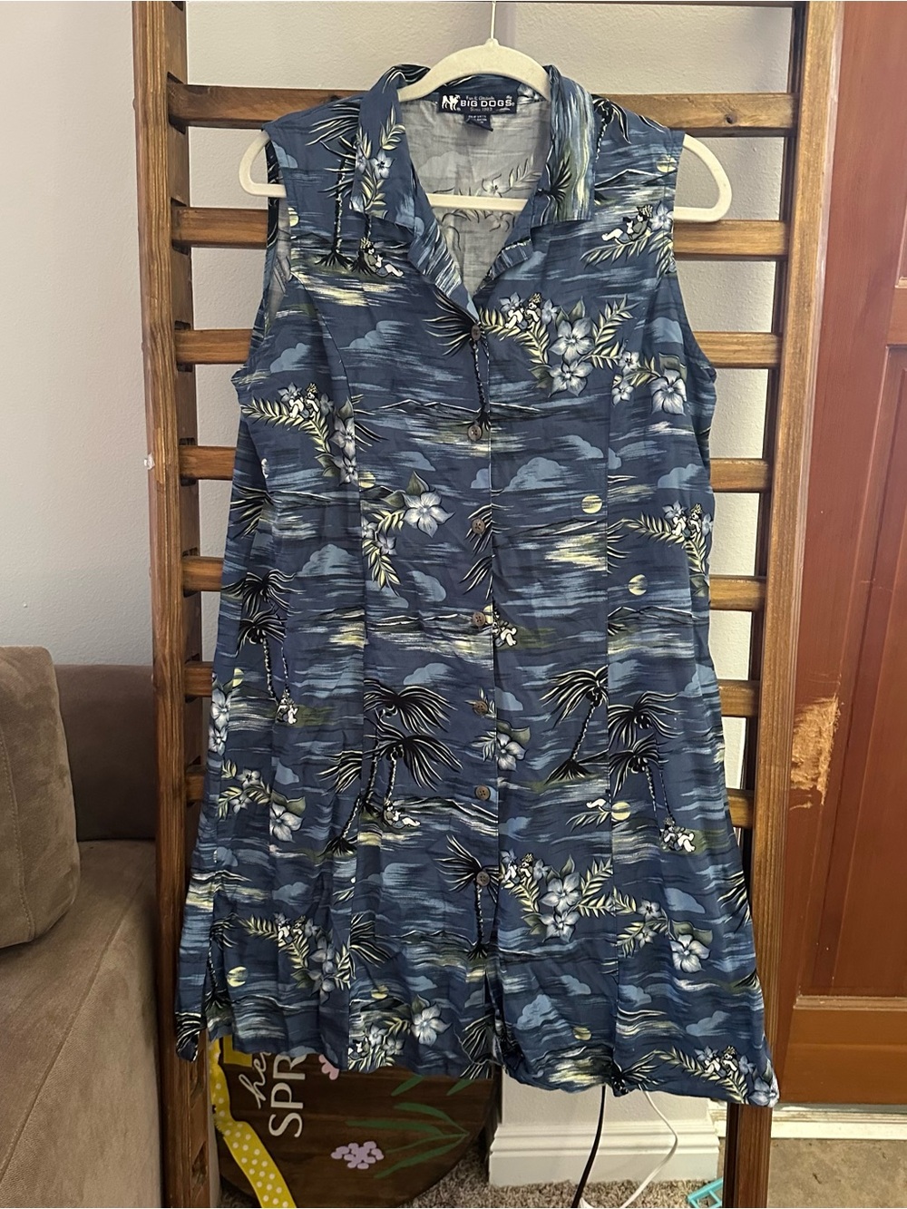 Big Dogs Navy Blue Tropical Button-Front Dress